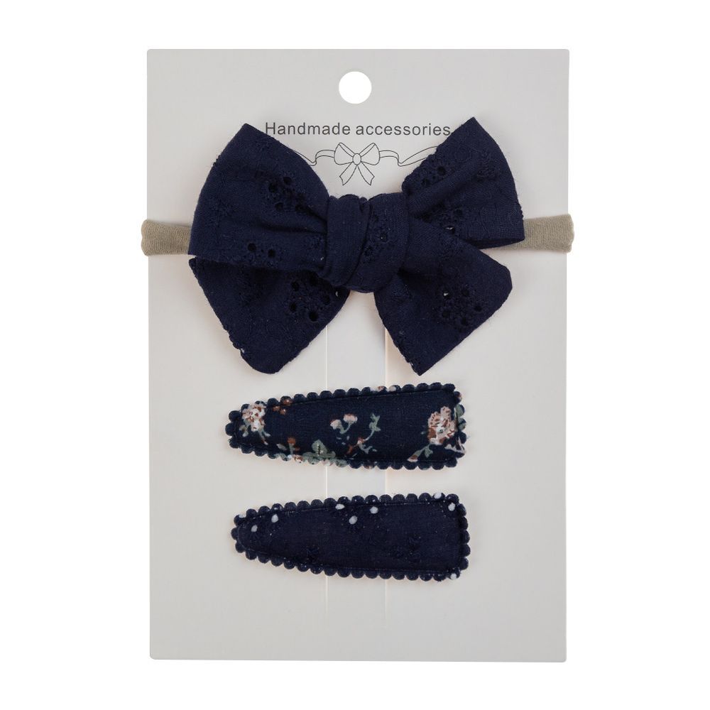 D' Daniela - Jana Ribbon Bow Clip Set W/ Ponytail For Babies & Girls - Navy Blue