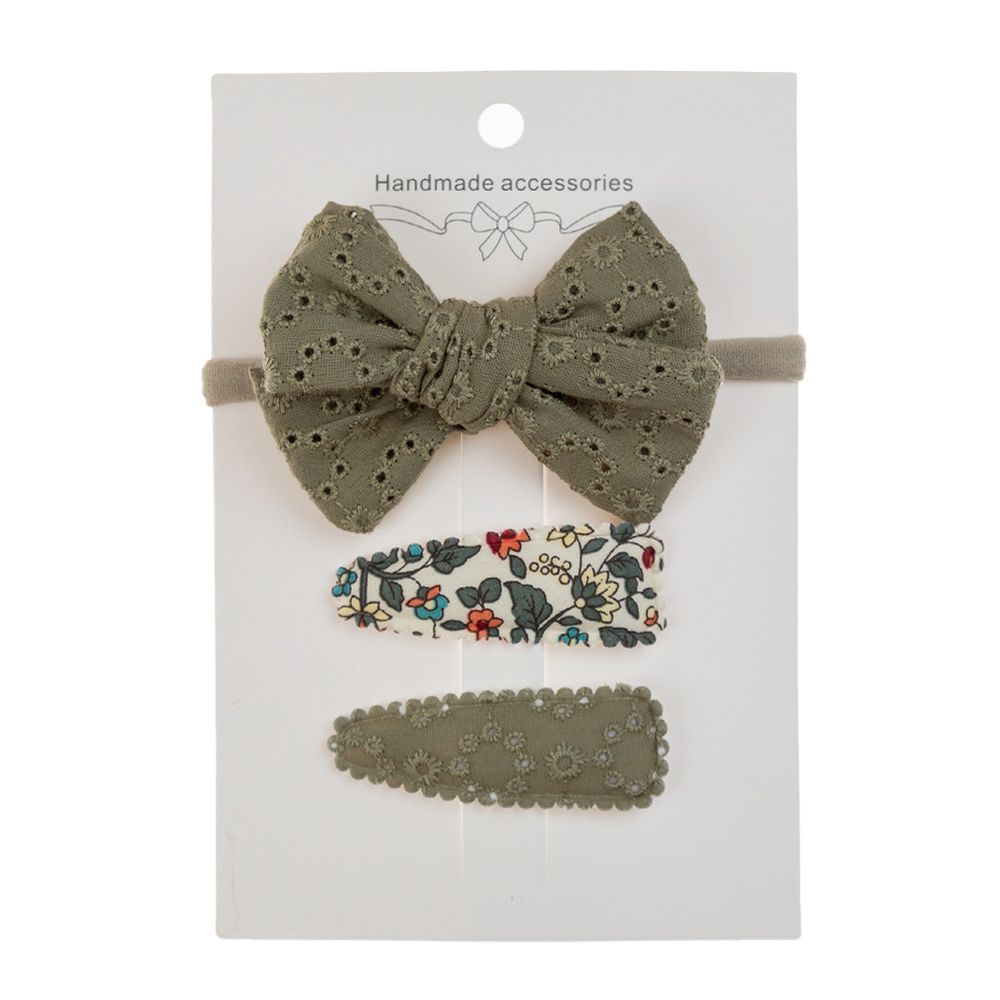 D' Daniela - Jana Ribbon Bow Clip Set W/ Ponytail For Babies & Girls - Olive Green