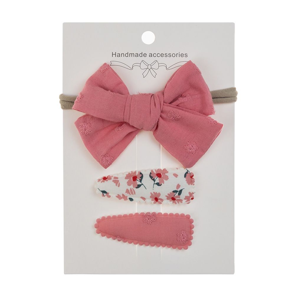 D' Daniela - Aira Ribbon Bow Clip Set W/ Ponytail For Babies & Girls - Dark Pink