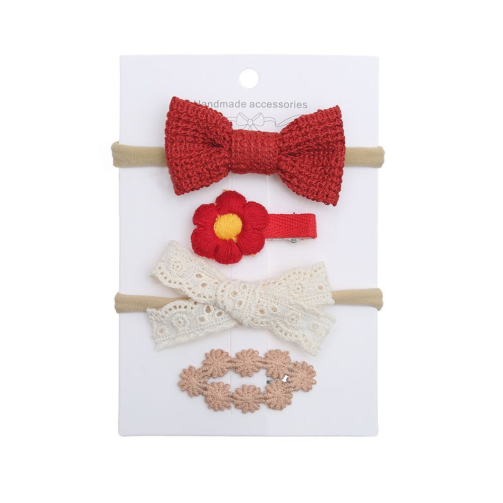 D' Daniela - Ria Ribbon Bow Clip Set With Ponytail - 4pcs - Red/White