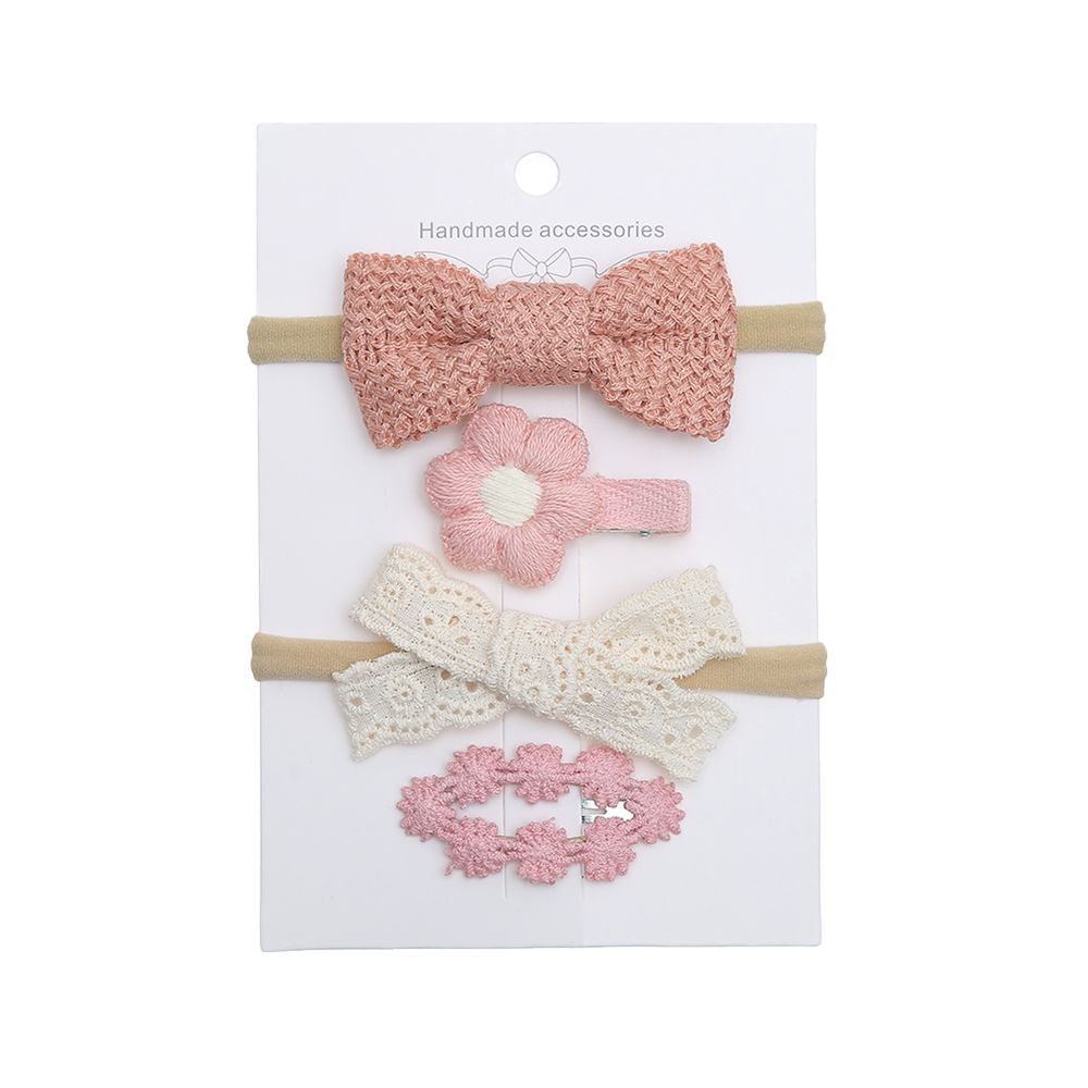 D' Daniela - Ria Ribbon Bow Clip Set With Ponytail - 4pcs - Dark Pink