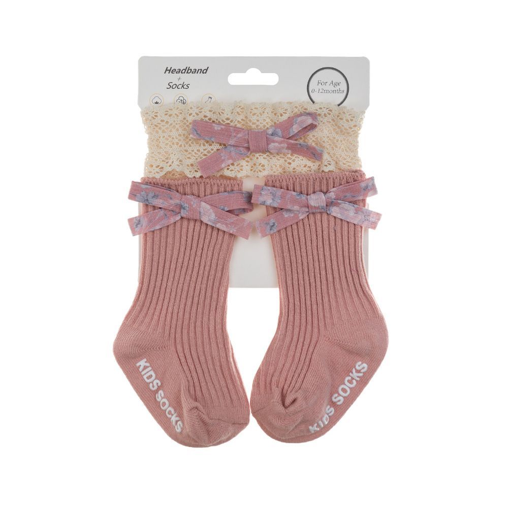 D' Daniela - Victoria Ribbon Bow Turban And Socks Set - Pink