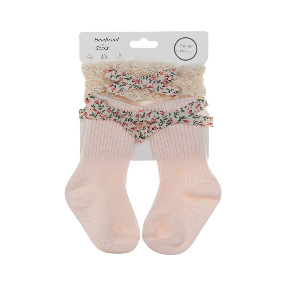 D' Daniela - Victoria Ribbon Bow Turban And Socks Set - Baby Pink