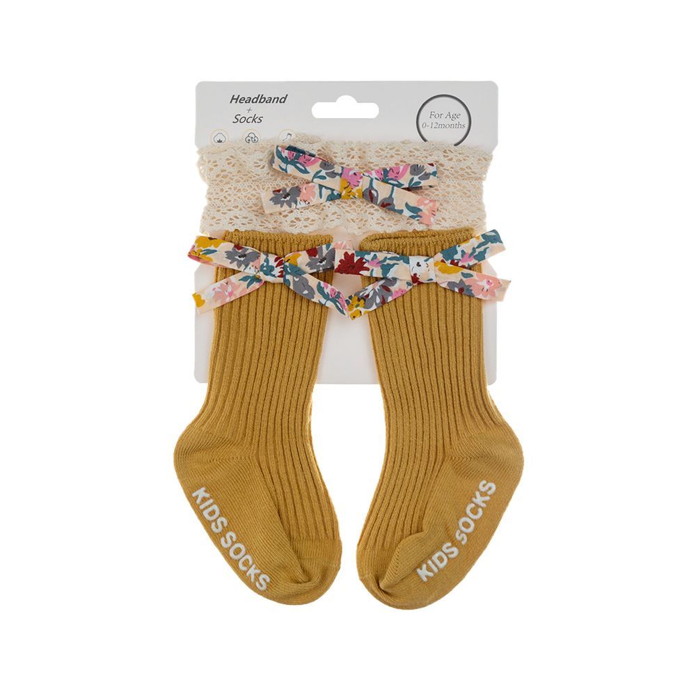 D' Daniela - Victoria Ribbon Bow Turban And Socks Set - Mustard Yellow