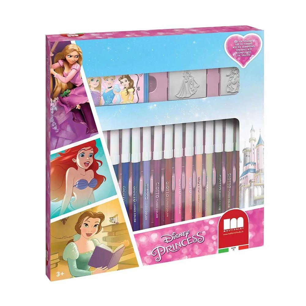 Multiprint - Disney Princess Felt Tip Pens Set w/ Stamps & Ink Pad - 21 Pcs