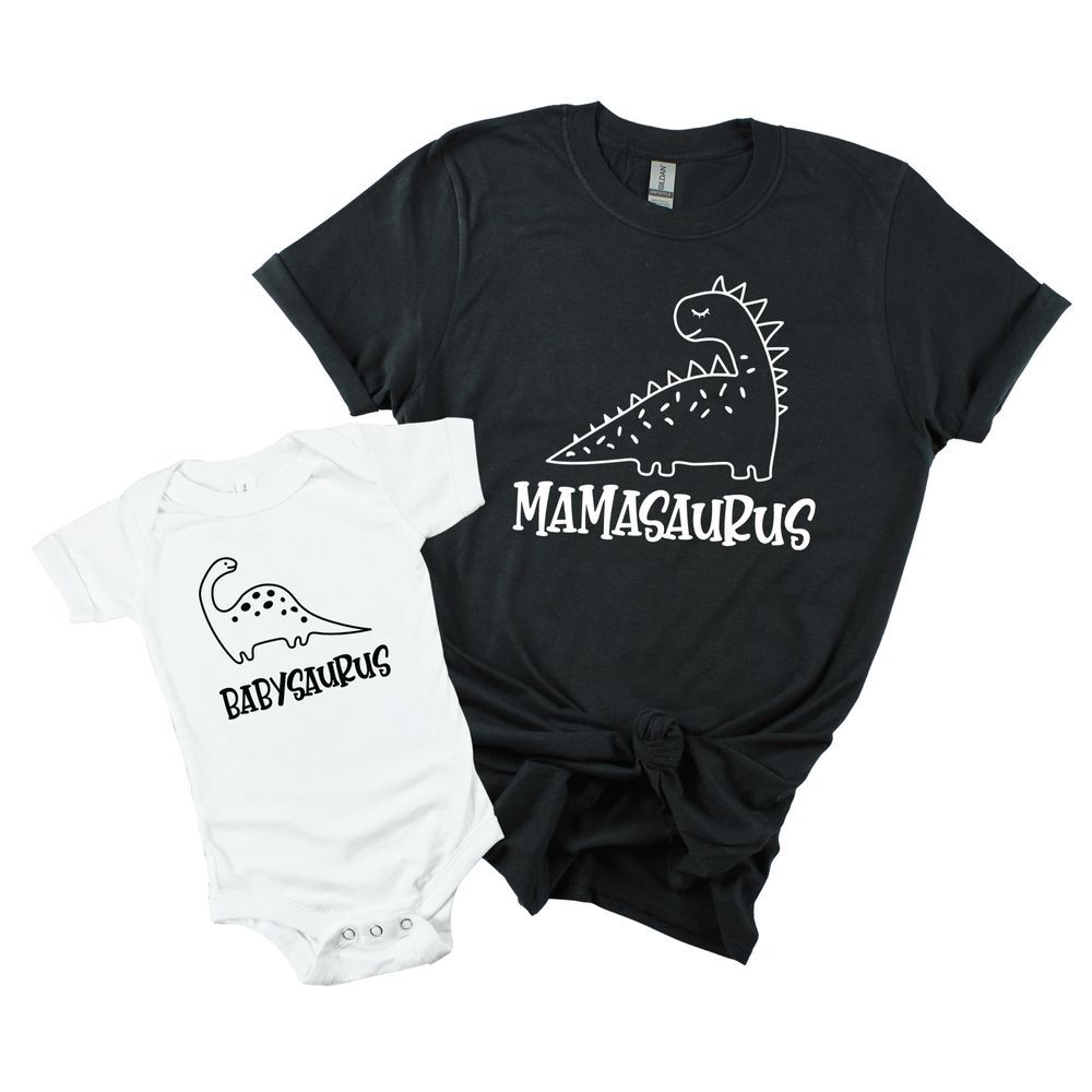 Matching Family Outfits - 2pc-Set - Baby Sauras - Romper - White & Mamasaurus T-Shirt - Black