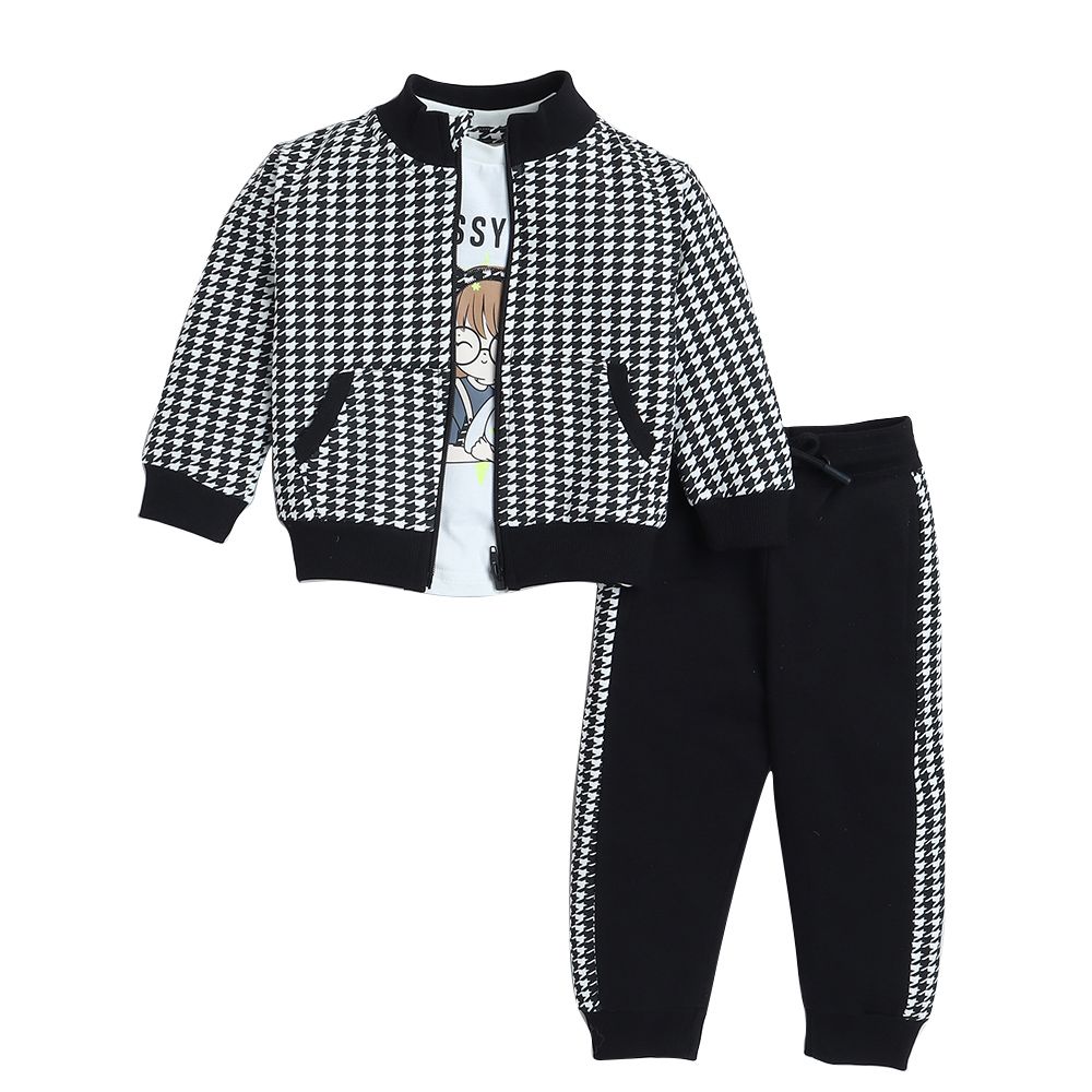 Victor And Jane - 3pc-Set - Girls' Long Tee And Printed Crew Jacket With Jogger - Off White/Black