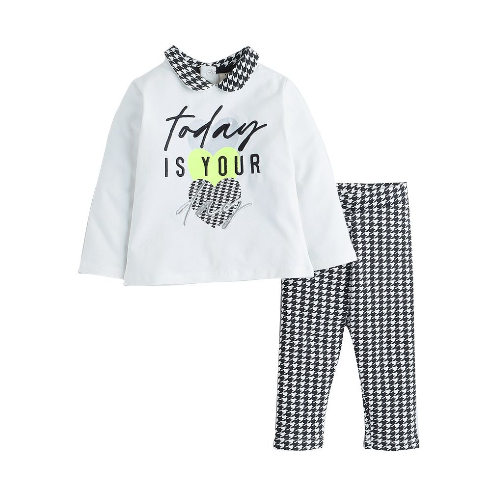 Victor And Jane - 2pc-Set - Girls' Long Sleeves Sweat Top And Printed Pants - White/Black