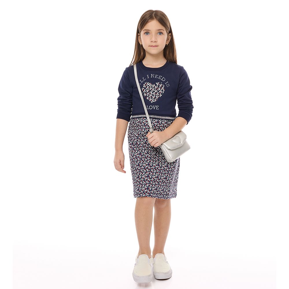 Victor and Jane - Girls' Casual & Comfy, Stylish Long Sleeves Dresses With Floral Applique & Glitter Ribbed Printed Bottom - Navy