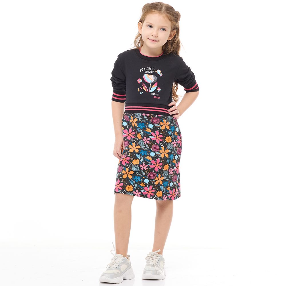 Victor and Jane - Girls' Casual & Comfy Long Sleeves Dresses With Bottom Printed Floral Pattern Black