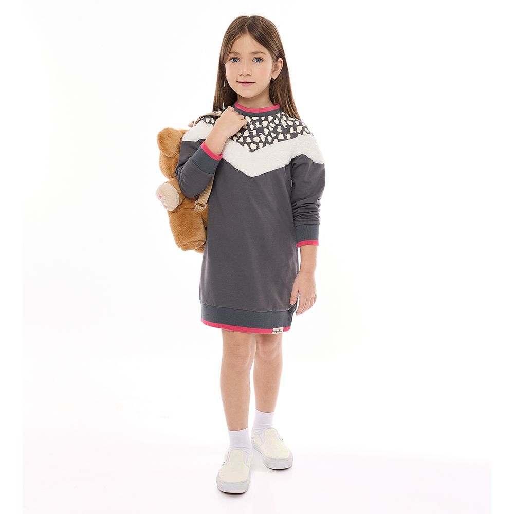 Victor and Jane - Girls' Color Blocking Dress With Fur, Printed Crew Neck Long Sleeve Sweatshirt Dress - Dark Gray