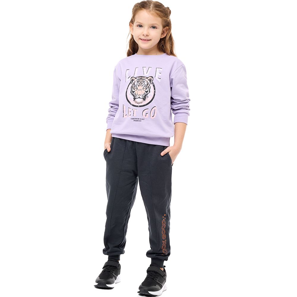 Victor And Jane - Girls Graphic Lion Printed Sweatshirt - Purple