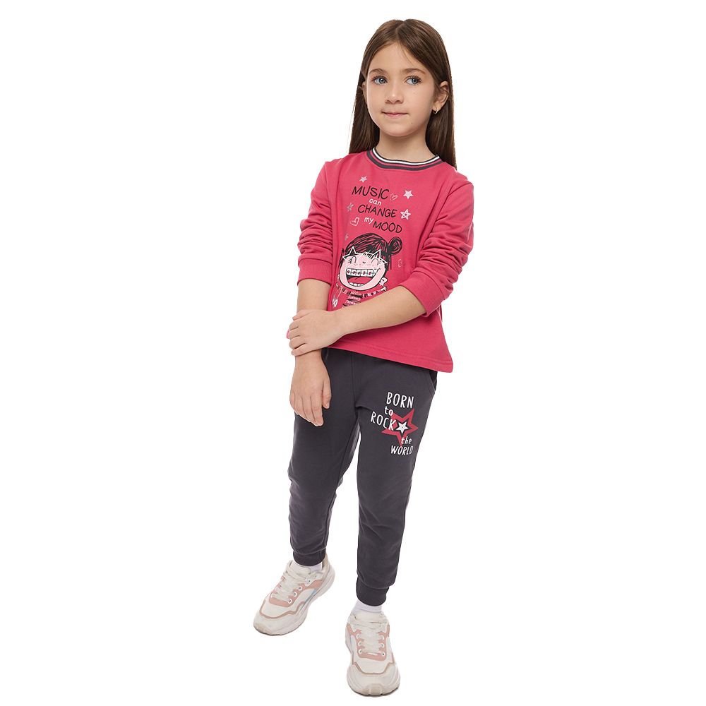 Victor and Jane - 2pc-Set - Girls' Sweat Top And Joggers - Fuchsia/Dark Grey