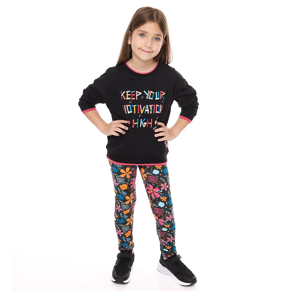 Victor and Jane - Sweat Top & Floral Printed Leggings - Black - 2 Pcs