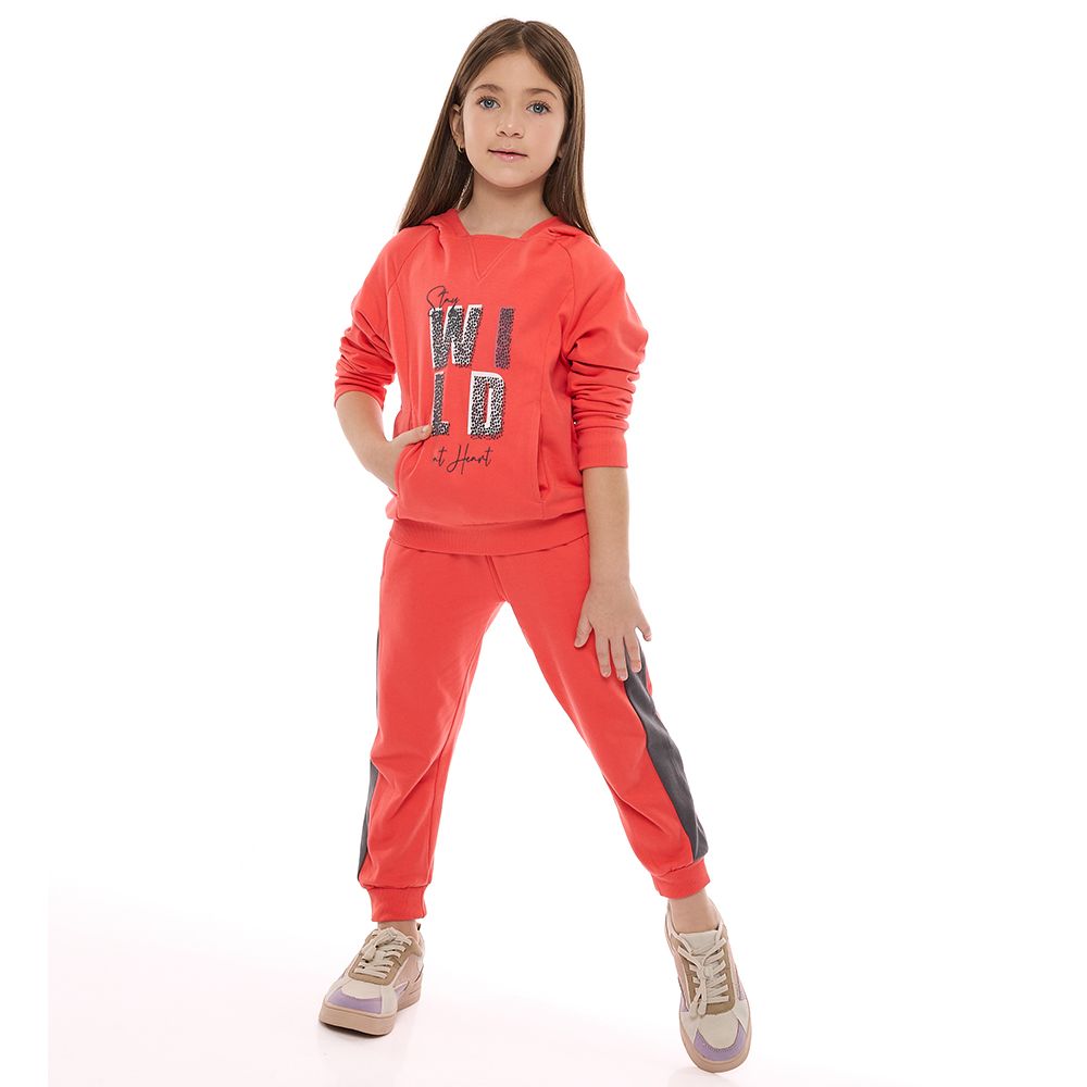 Victor and Jane - Co-ords Set - Embroidered 'Wild' Hoodie Top & Pants - Coral - 2 Pcs