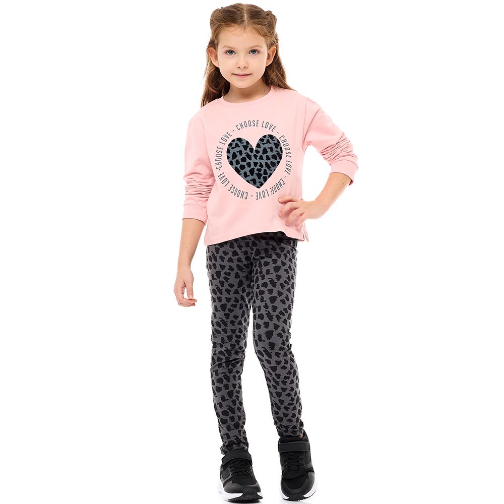 Victor and Jane - Sweat Top & Printed Leopard Leggings - Pink - 2 Pcs