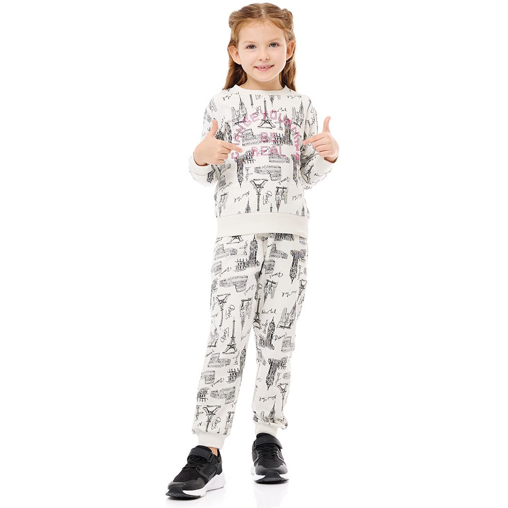 Victor and Jane - Girls Set - Printed Long Sleeves Sweat Top & Jogger - Off White - 2 Pcs