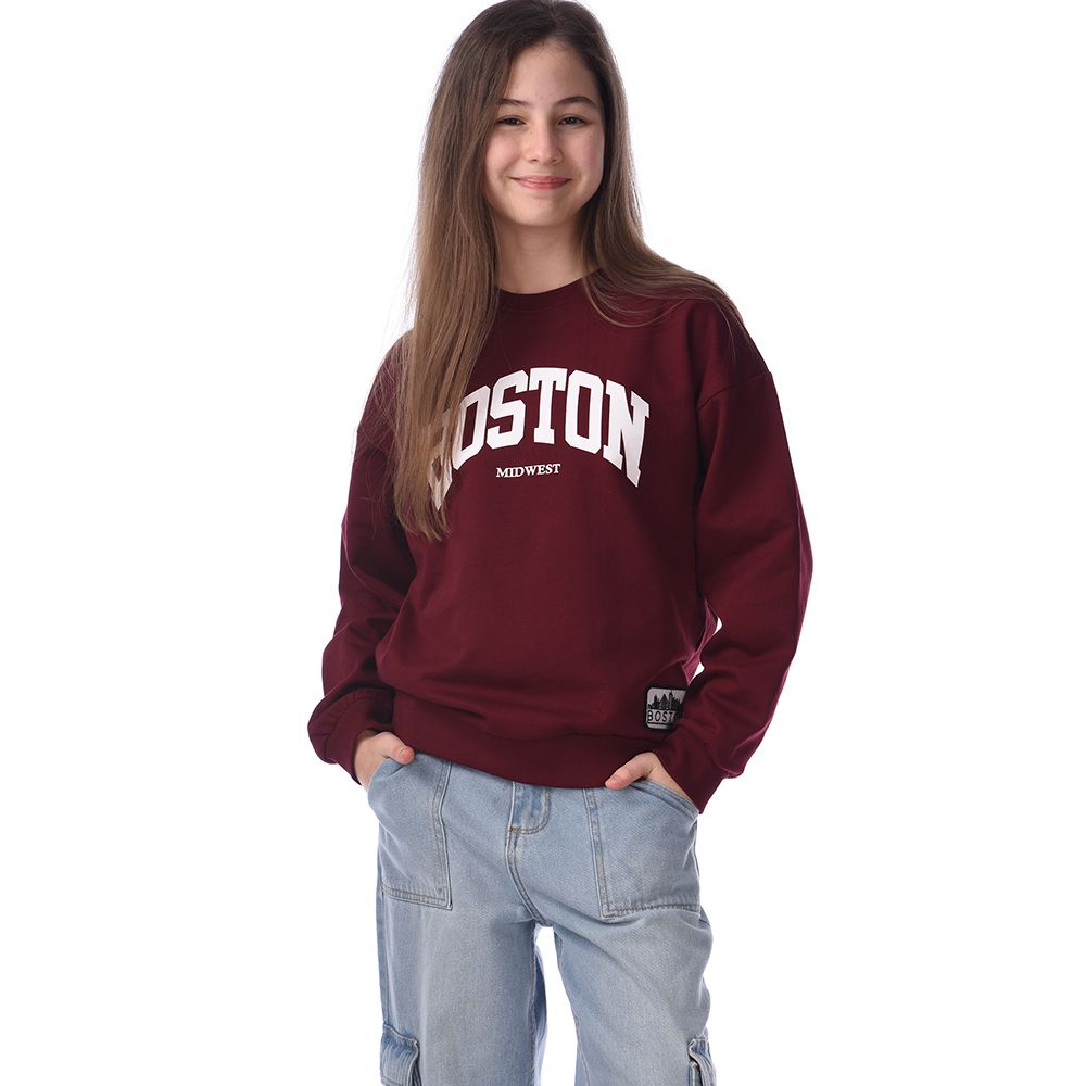 Victor And Jane - Girls Graphic Printed Comfy Fit Sweatshirt - Maroon