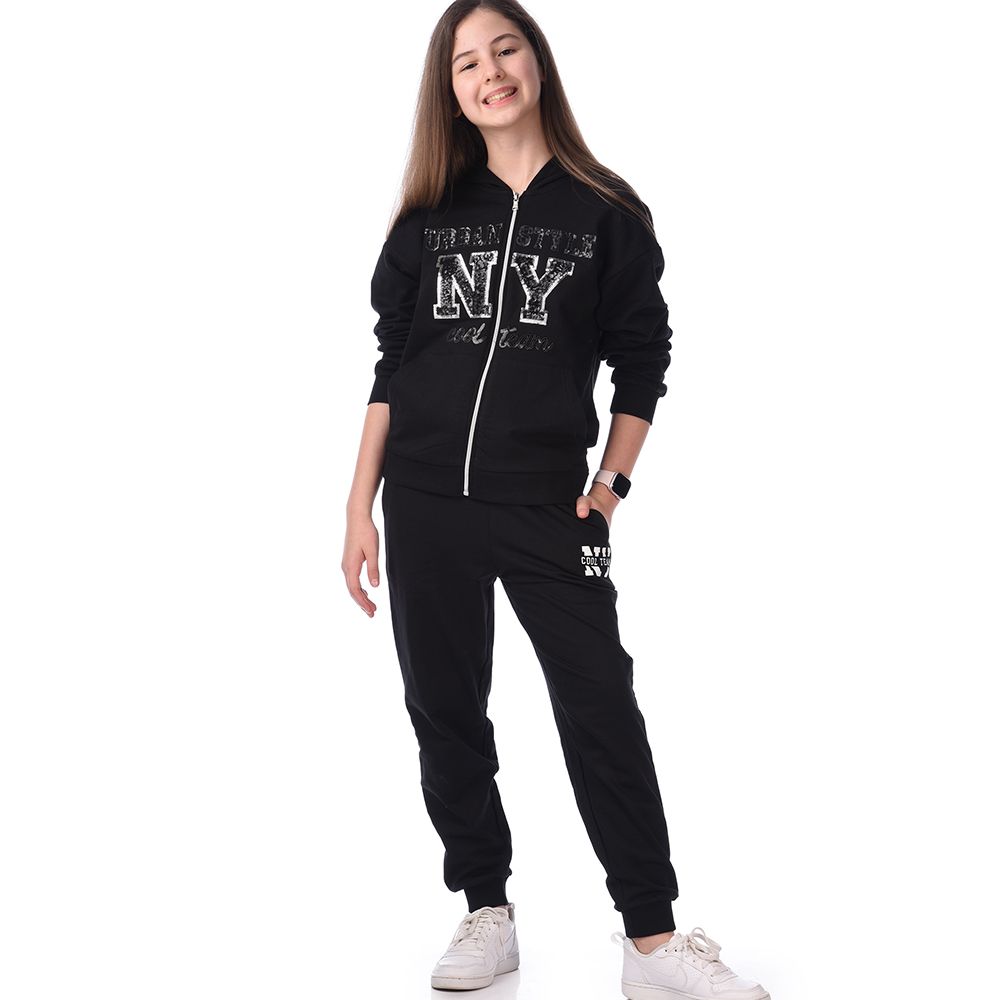 Victor and Jane - Girls Set - Black Co-ords with Sequin Embroidery Full-Zip Hoodie & Pants - 2 Pcs