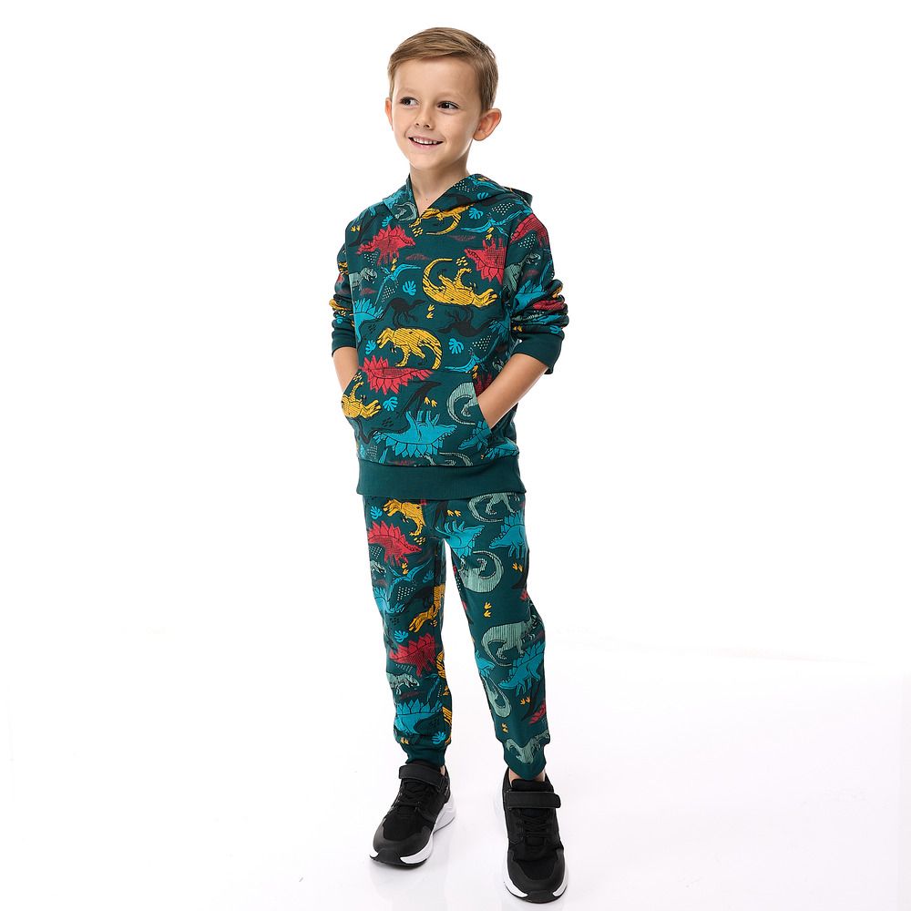 Victor and Jane - 2pc-Set - Dinosaur Printed Hoodie And Joggers - Dark Green