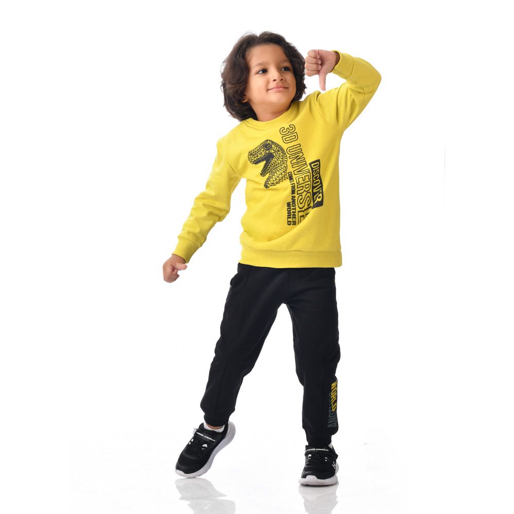 Victor and Jane - 2pc-Set - Dinosaur Printed Sweatshirt And Joggers - Yellow/Black