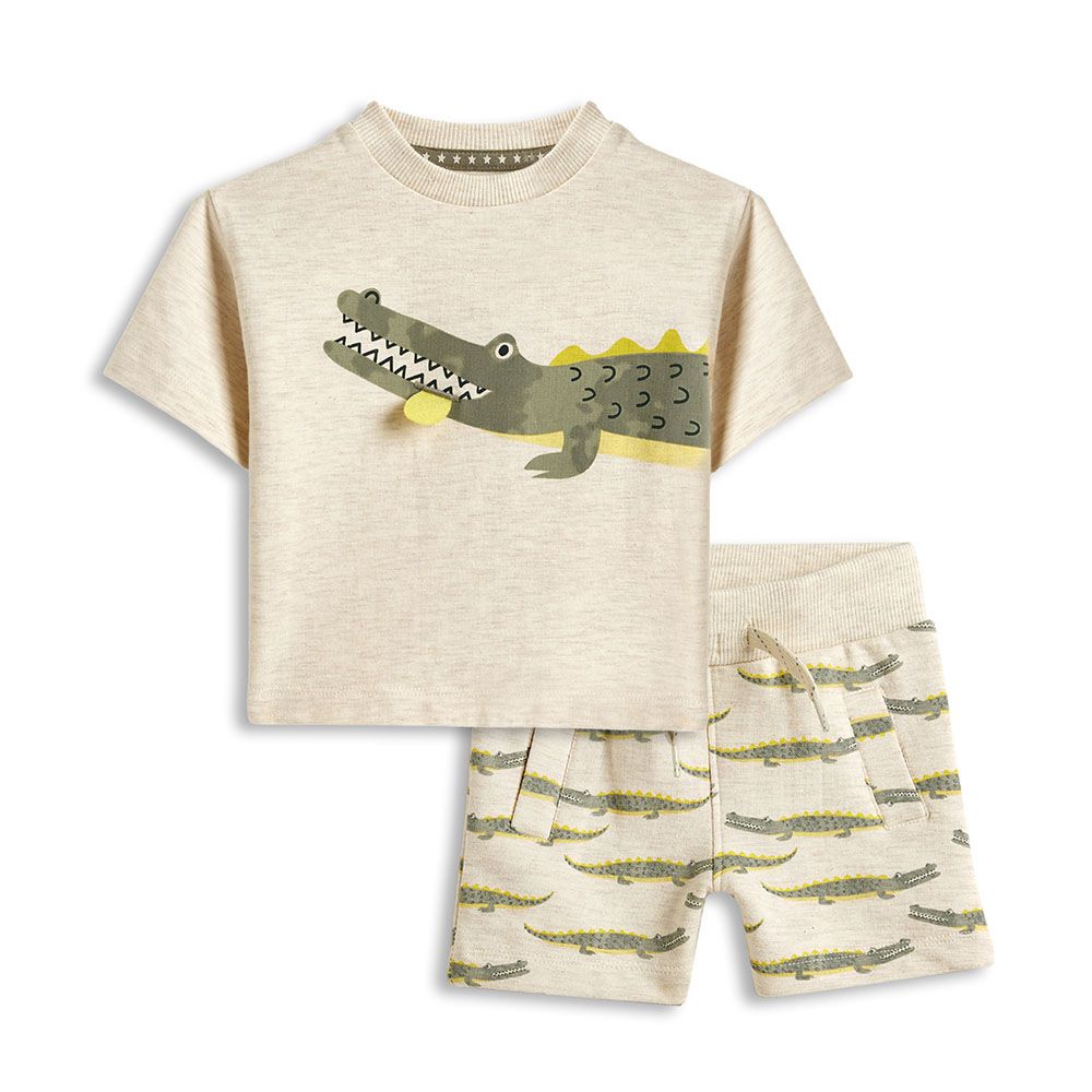 Dirkje - 2pc-Set - Boy's Dino Printed T-Shirt And Shorts - Beige/Green