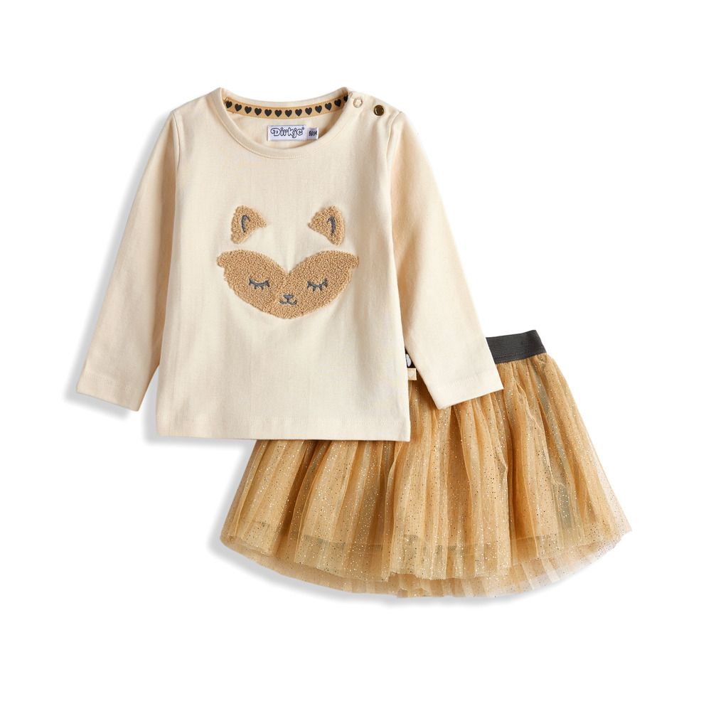 Dirkje - 2pc-Set - Girl's Top And Mesh Skirt - Off-White/Dark Sand