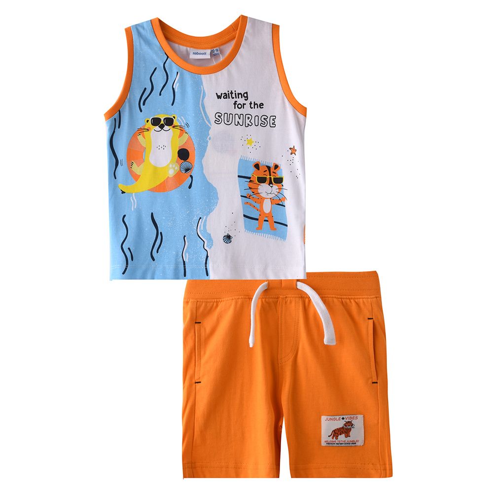 Victor and Jane - 2pc-Set - Baby Boy Printed Summer Vibes Vest & Shorts Set - Ivory/Orange