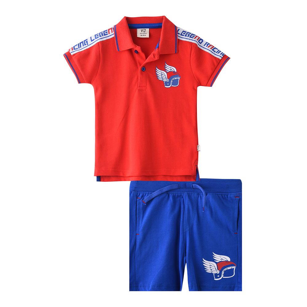 Victor and Jane - 2pc-Set - Baby Boy Classic Polo T-Shirt & Shorts Set - Red/Blue