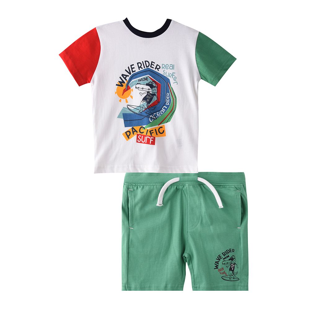 Victor and Jane - 2pc-Set - Baby Boy Wave Rider T-Shirt & Shorts Set - White/Green/Red