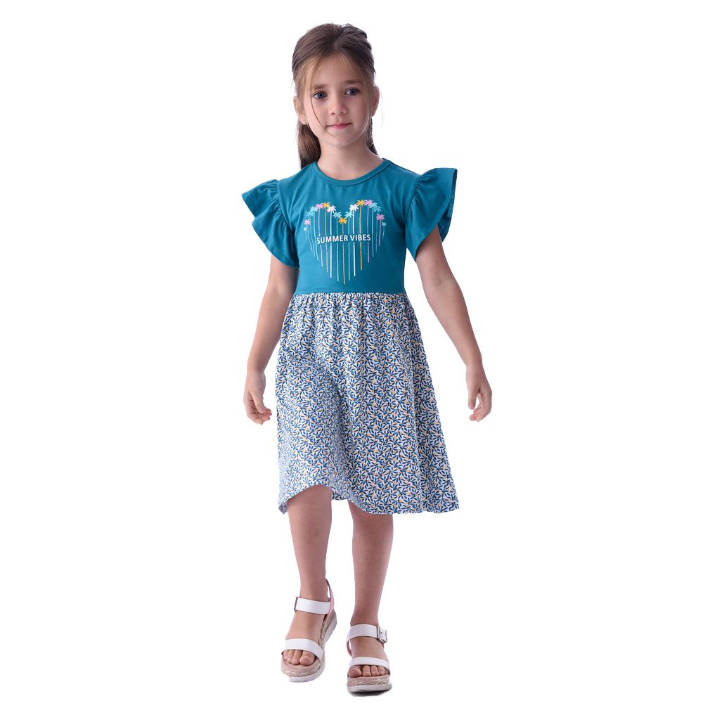 Victor and Jane - Girls' Summer Dress With Flutter sleeve - Blue