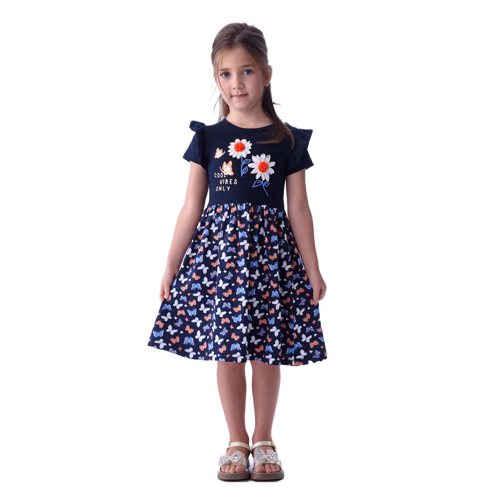 Victor and Jane - Girls' Summer Dress with Flutter Sleeve - Flower - Blue