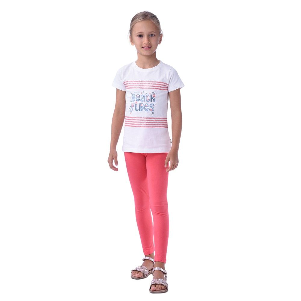 Victor and Jane - Girls’ Tee & Legging 2-Piece Set - Offwhite & Coral