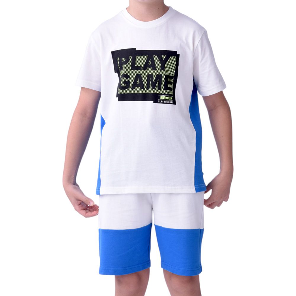 Victor and Jane - Senior Boys' Play Game T-Shirt & Shorts - 2pc Set - Ivory/Blue/Black