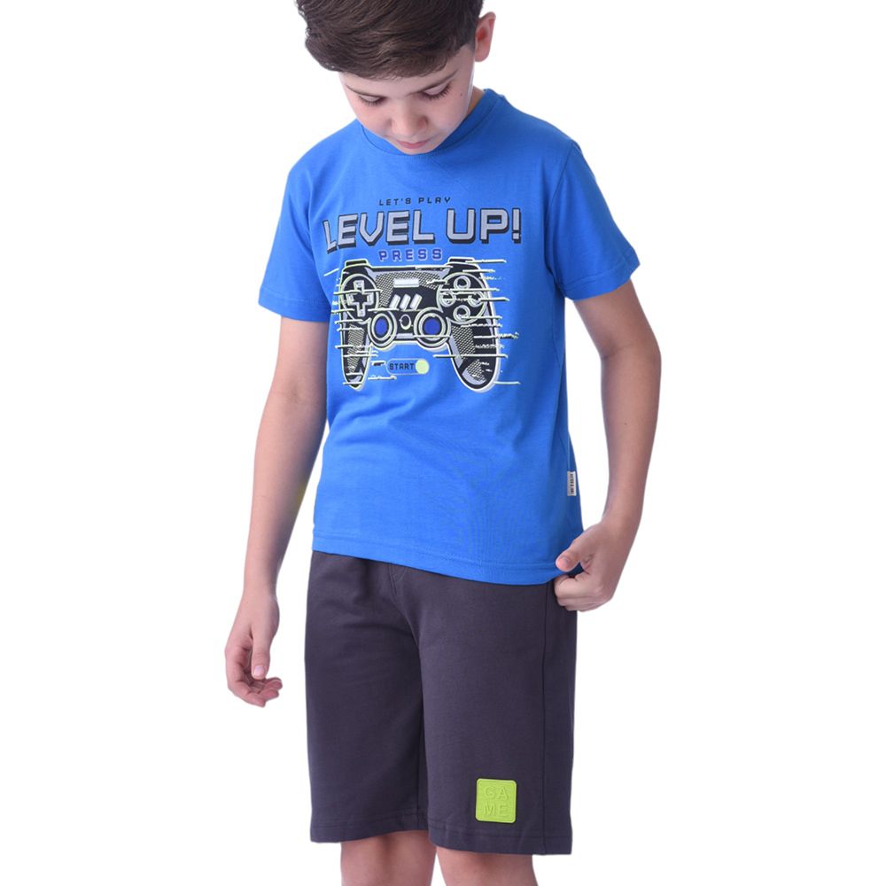 Victor and Jane - Senior Boys' Level Up T-Shirt & Shorts - 2pc Set - Blue/Grey