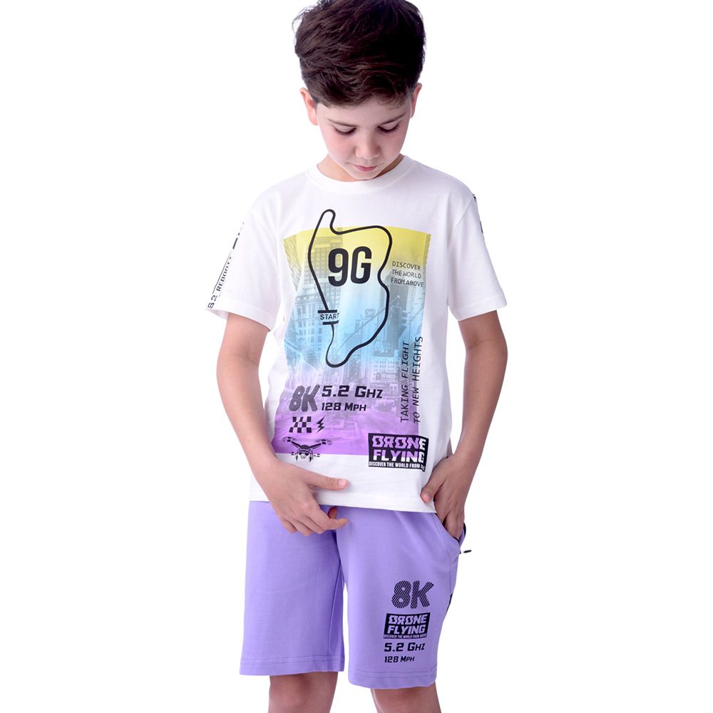 Victor and Jane - Senior Boys' 9G,8k Printed T-Shirt & Shorts - 2pc Set - Ivory/Lilac