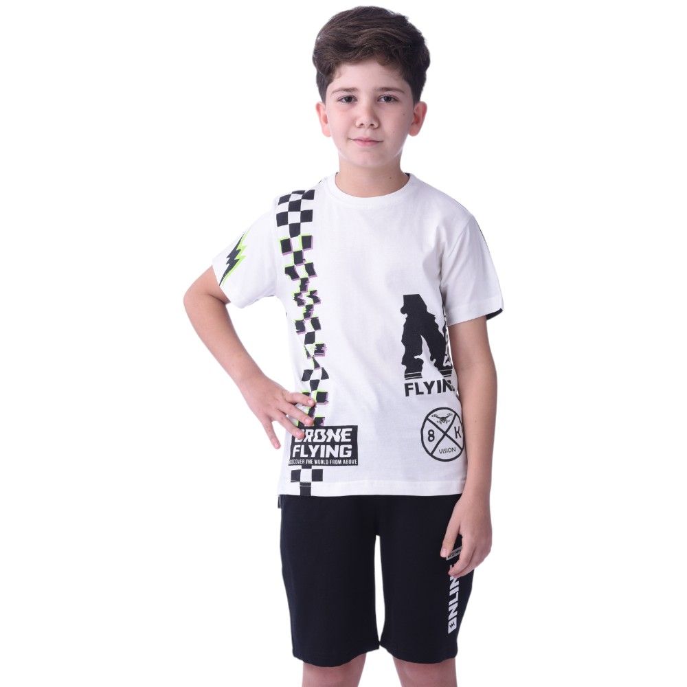 Victor and Jane - Senior Boys' Drone Flying Printed T-Shirt & Shorts - 2pc Set - Ivory/Black