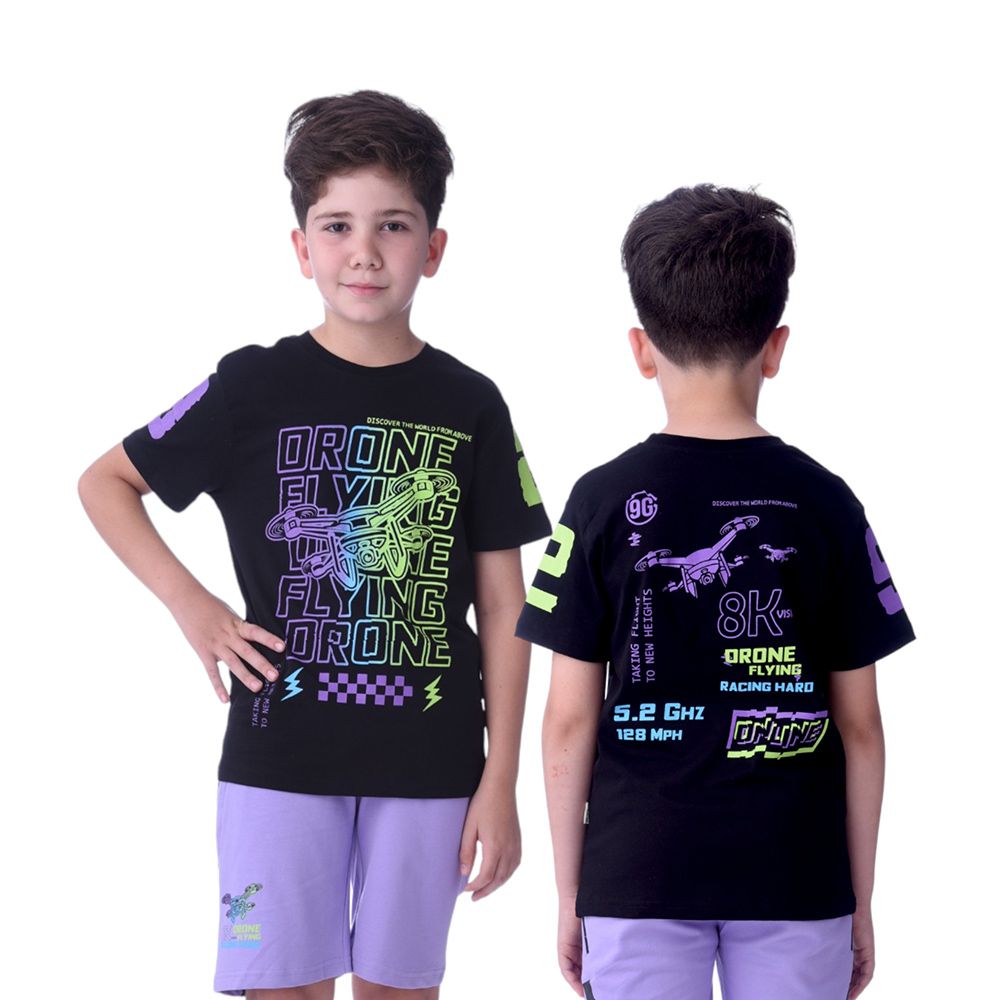 Victor and Jane - Senior Boys' Drone Flying Printed T-Shirt & Shorts - 2pc Set - Black/Lilac