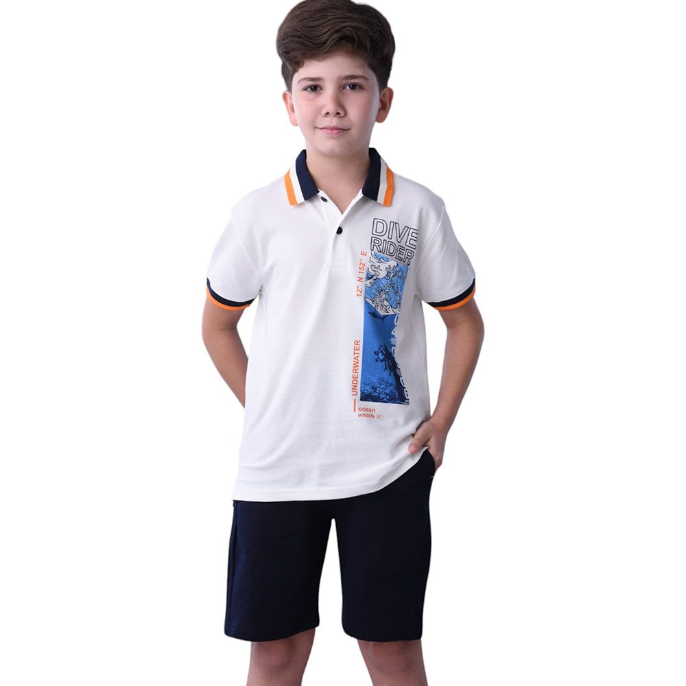 Victor and Jane - Senior Boys' Dive Rider Printed T-Shirt & Shorts - 2pc Set - Ivory/Navy