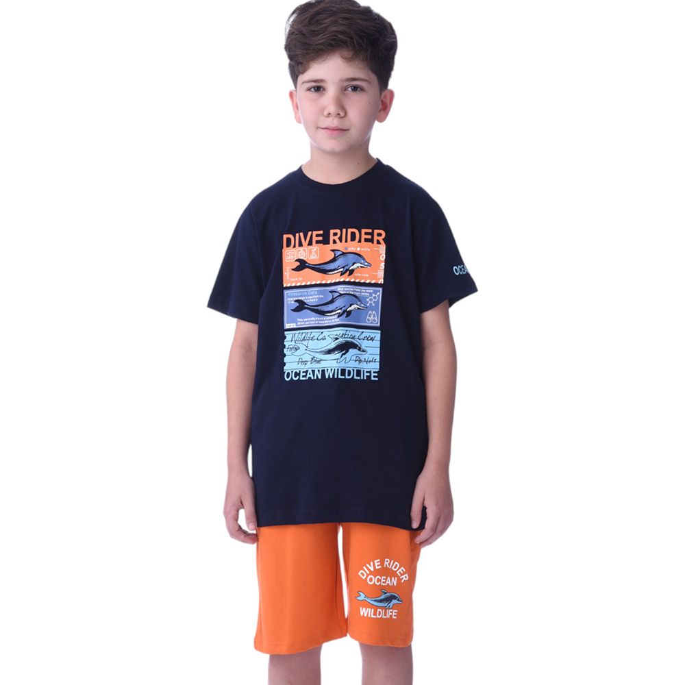 Victor and Jane - Senior Boys' Dive Rider T-Shirt & Shorts 2pc Set - Navy/Orange