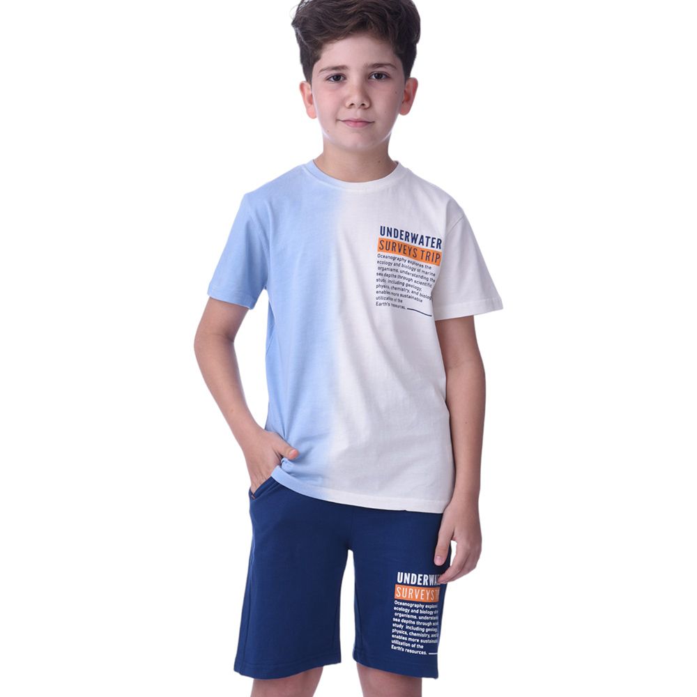 Victor and Jane - Senior Boys' Underwater T-Shirt & Shorts - 2pc Set - Ivory/Blue