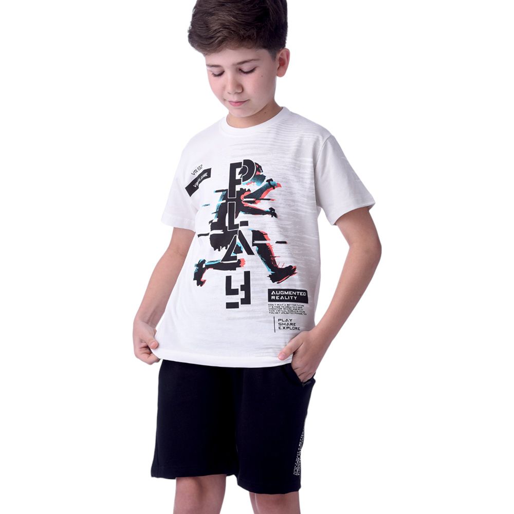 Victor and Jane -Boys T-Shirt And Shorts - 2pc Set - White/Black