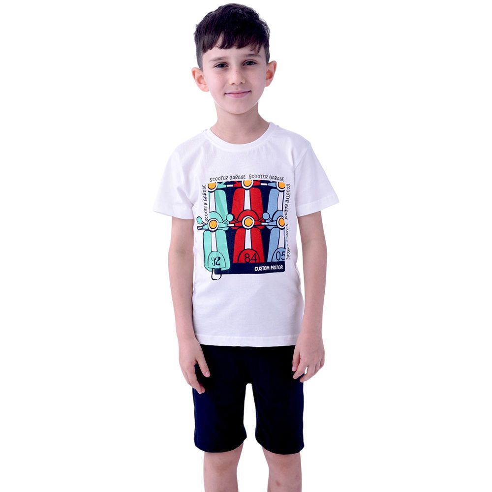 Victor and Jane - 2pc-Set - Printed T-shirt & Shorts - White/Navy