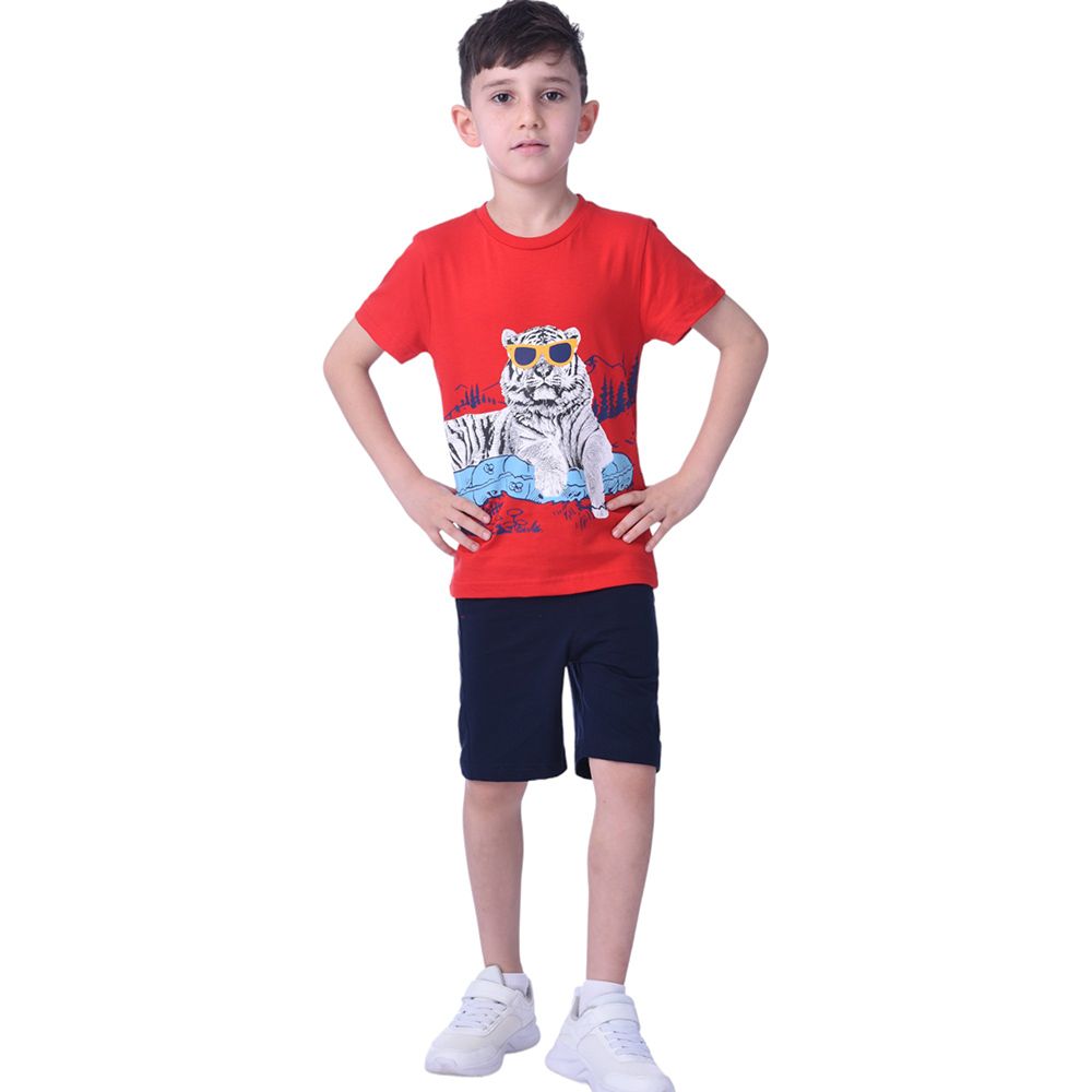 Victor and Jane - 2pc-Set - Tiger T-shirt & Shorts - Red/Navy