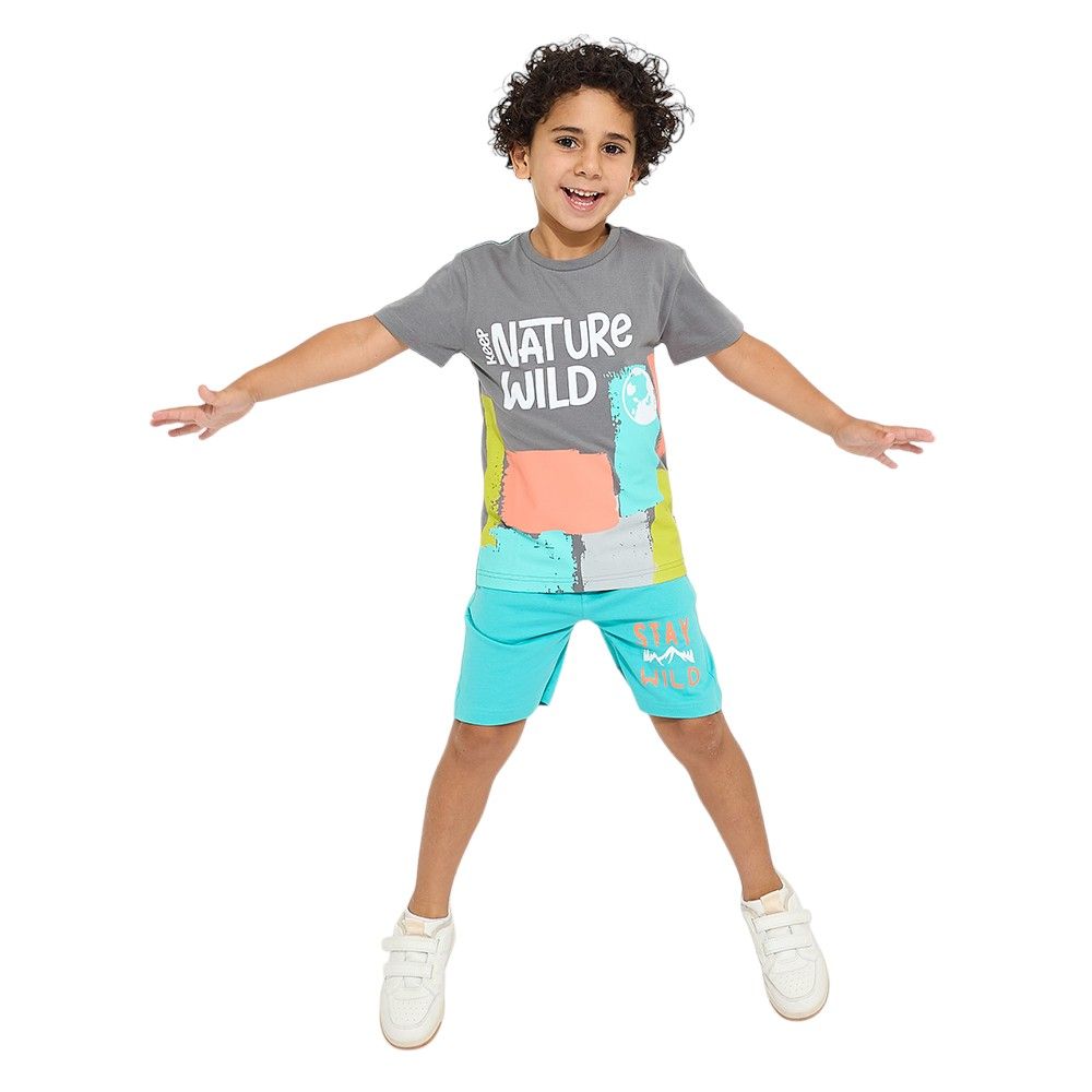 Victor and Jane - Junior Boys' 2pc-Set - Nature Wild T-Shirt & Shorts Set -  Grey & Green