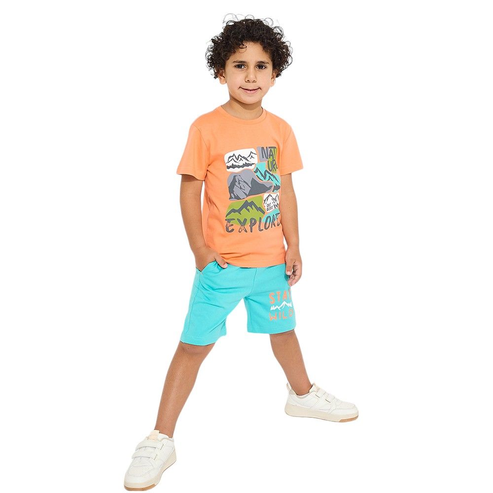 Victor and Jane - Junior Boys' 2pc-Set - Nature Explore Printed T-Shirt & Shorts Set - Orange & Light Green