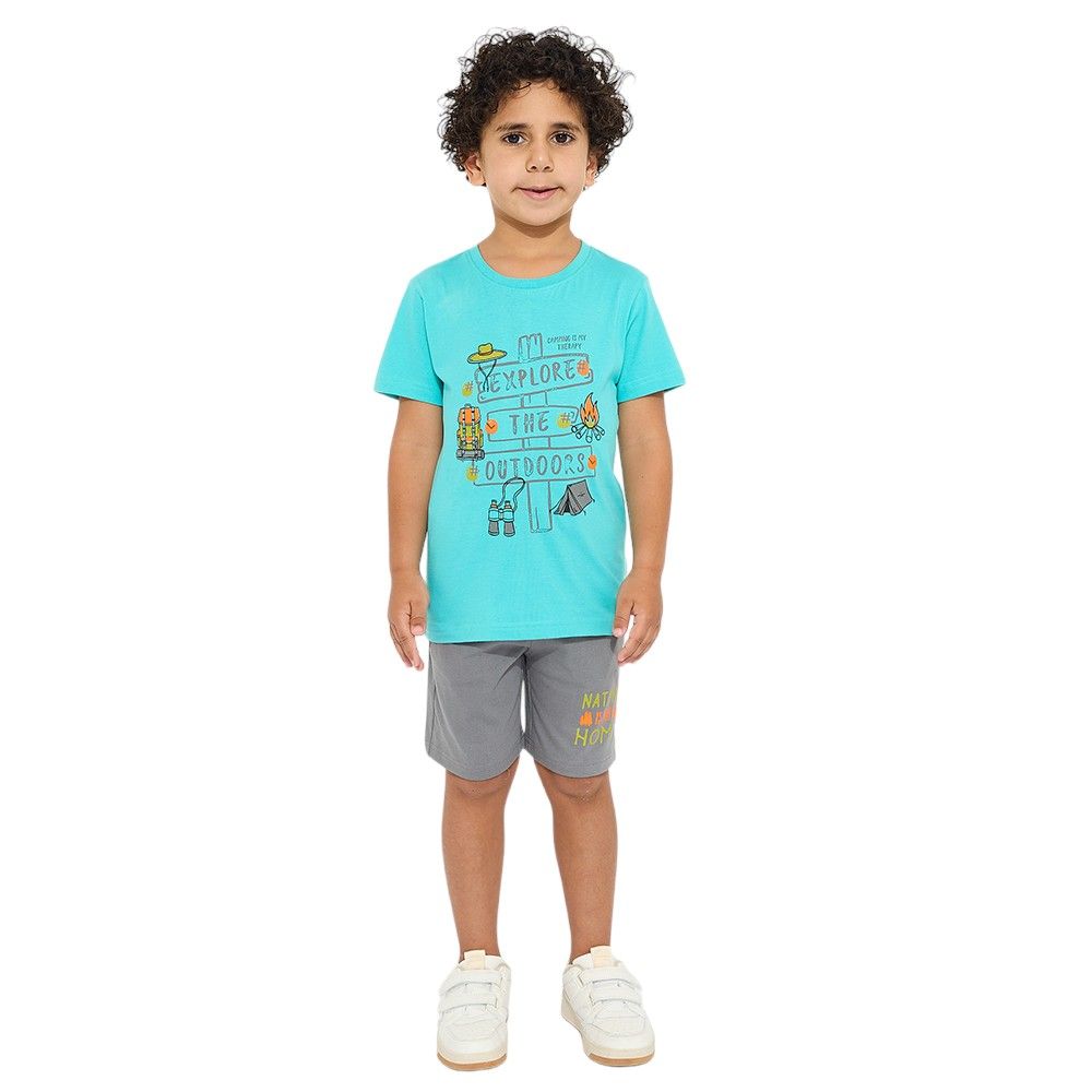 Victor and Jane - Boys' T-Shirt & Shorts Set - Explore the Outdoor - Green & Grey