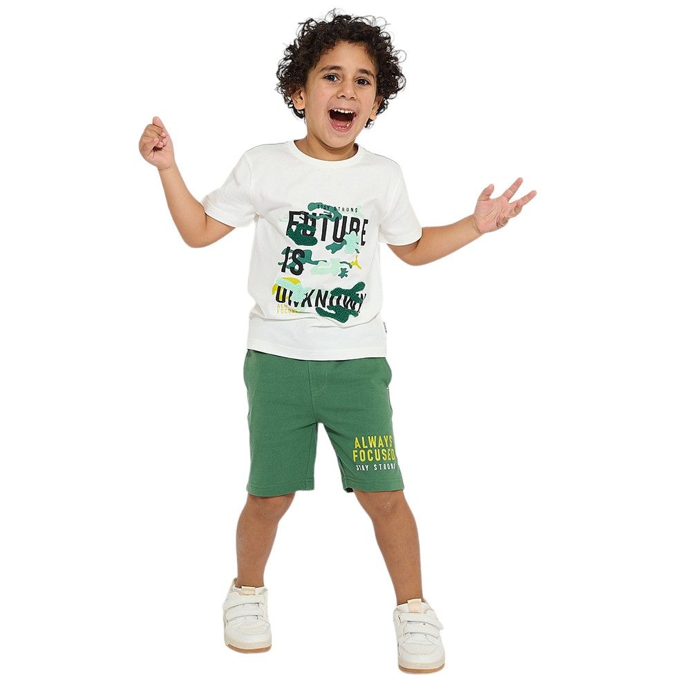 Victor and Jane - Boys' T-Shirt & Shorts Set - Future is Unknown - White & Dark Green