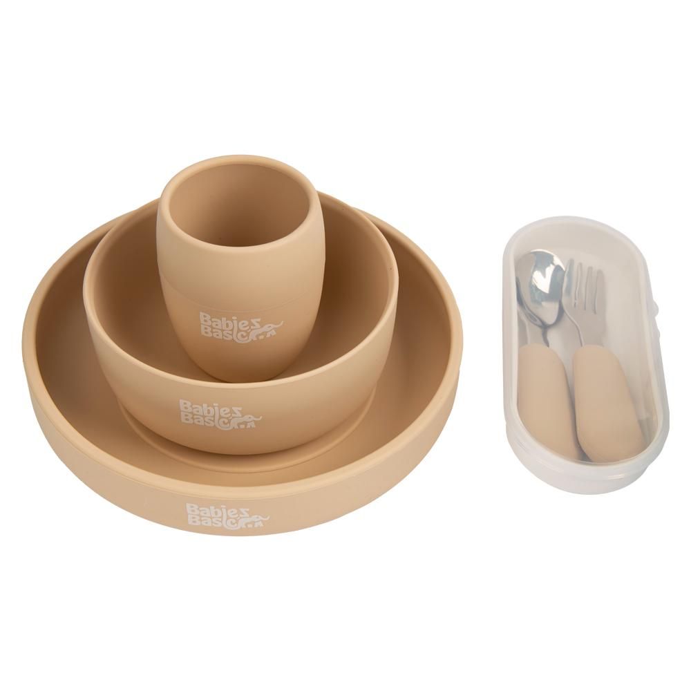 Babies Basic - Silicone Plate, Bowl, Cup And Cutlery With Case Set - Beige - 5pcs