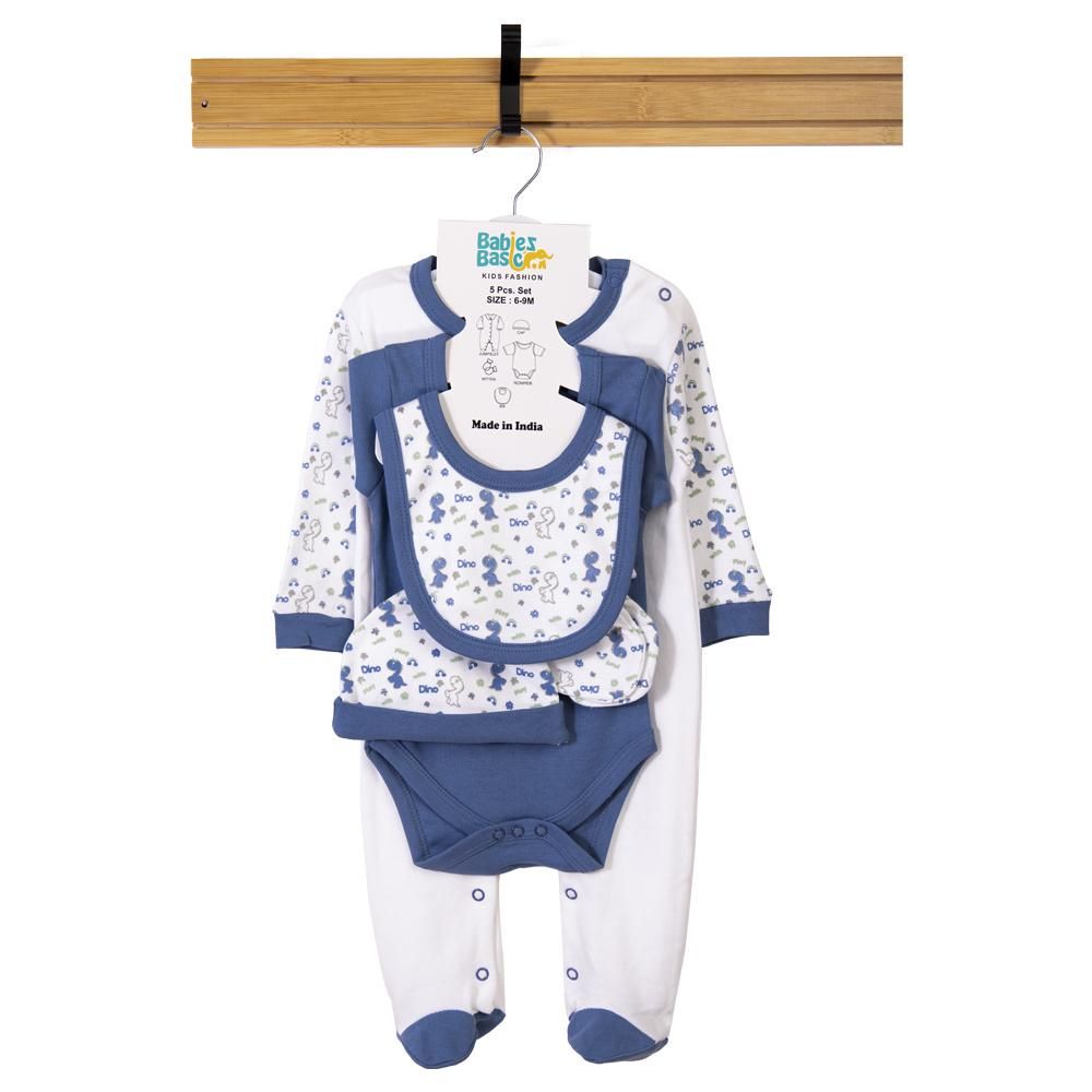 Babies Basic - 5pc Cotton Set - Bib, Romper, Mittens, Cap & Sleepsuit - Be Happy - Dark Blue